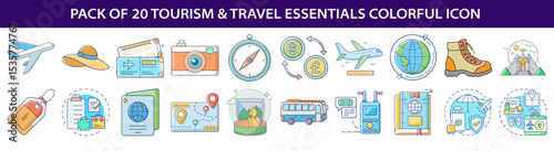 A colorful collection of tourism and travel essential icons for adventures