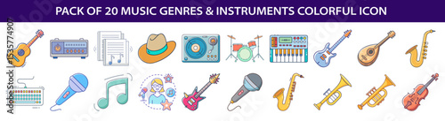 A colorful pack of twenty musical instruments and music genre icons