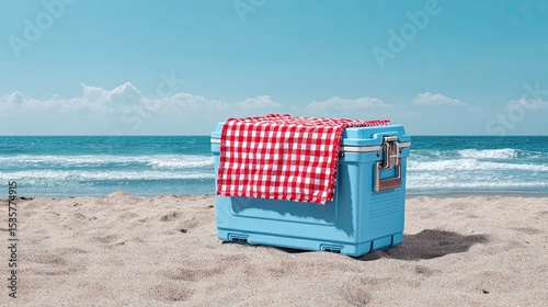 Blue cooler box with red cloth on sandy beach by sea under clear sky in bright summer travel background