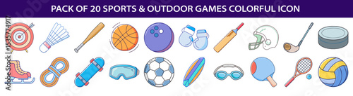 Collection of twenty sports and outdoor game cartoon style colorful icons vector