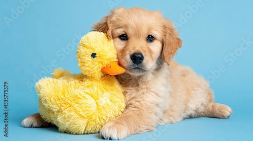 Adorable golden retriever puppy cuddling with yellow duck plush toy on blue background looking at camera