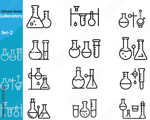 A laboratory icon set includes detailed vector illustrations of lab equipment and scientific tools such as test tubes, flasks, microscopes, petri dishes, safety gear, and chemical symbols.