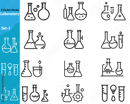 A laboratory icon set includes detailed vector illustrations of lab equipment and scientific tools such as test tubes, flasks, microscopes, petri dishes, safety gear, and chemical symbols.