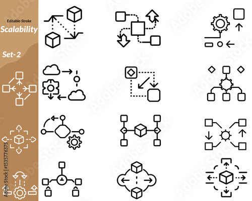A scalability icon set includes vector illustrations symbolizing growth and expansion, such as bar charts, arrows, stacked blocks, gears, networks, and cloud systems. Ideal for tech presentations.