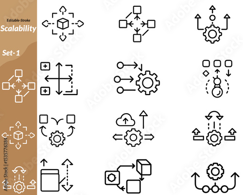 A scalability icon set includes vector illustrations symbolizing growth and expansion, such as bar charts, arrows, stacked blocks, gears, networks, and cloud systems. Ideal for tech presentations.