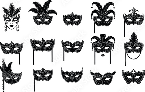 Elegant Collection of Venetian Masks A Black and White Study of Ornate Masquerade Accessories