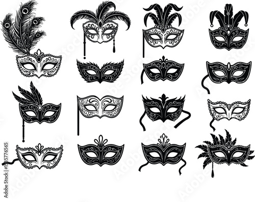A festive arrangement of ornate masks in black silhouettes on a white background. face covering, eye mask, theatrical, carnival secret mask vector