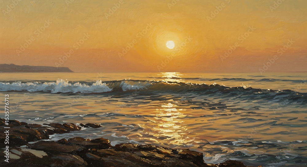 Obraz premium Gentle Ocean Waves at Golden Sunset, Oil Painting
