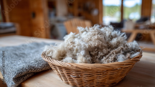 Freshly sheared sheep wool piled in a basket on a wooden table, raw and unprocessed with visible lanolin and natural curls, organic texture of the fleece.