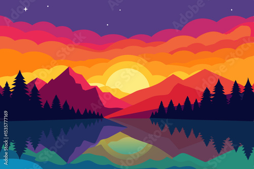  colorful Sky sunset above alpine forest and lake