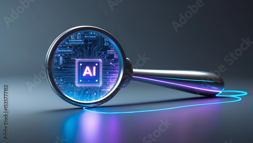 Artificial intelligence cpu microchip examined with magnifying glass on a futuristic background
