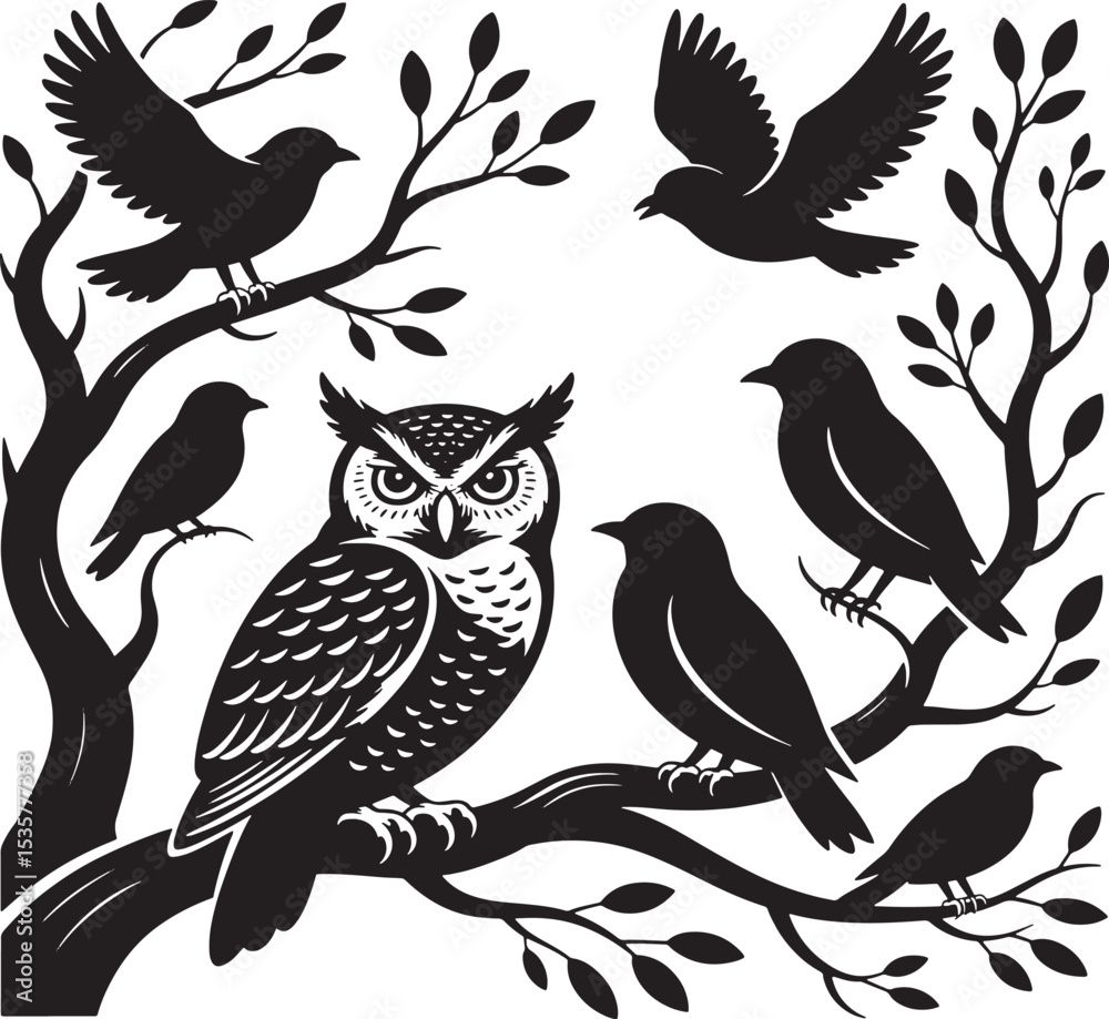Fototapeta premium Owl And Birds Silhouette Illustration With Leaves