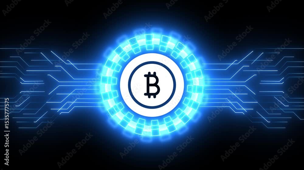Concept of Bitcoin Crypto Currency Shown on Digital Neon Tech Background