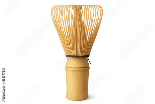 Handcrafted bamboo chasen positioned for whisking matcha, resting on clean white surface with soft shadows