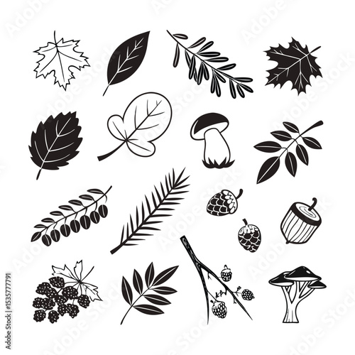 Woodland and Forest Elements Line Icon Pack | Editable Stroke Vector Set | Trees, Leaves, Acorns, Pinecones, Mushrooms, Branches, Nature and Ecological Symbols