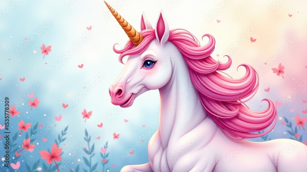 Fototapeta premium a gentle watercolor illustration of a magical unicorn with a flowing mane, in soft pastel colors and dusty shades, fairy tale style for girls, delicate textures, dreamy and tender mood, subtle sparkle