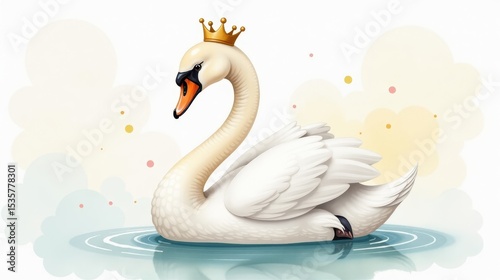Fototapeta Naklejka Na Ścianę i Meble -  a delicate watercolor painting of a graceful swan wearing a small golden crown, soft pastel and dusty tones, dreamy fairy tale 