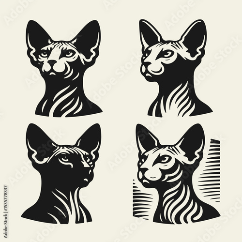 Black and white flat vector illustration set of Sphynx cat heads. Minimal and expressive design of hairless feline portraits, perfect for prints, tattoos, or pet branding.