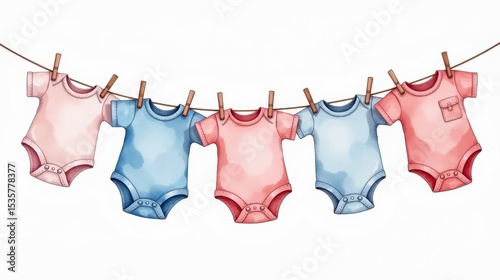 soft watercolor illustration of tiny baby clothes hanging on a clothesline, gentle pastel tones, dusty pinks and blues, cozy and light atmosphere, delicate textures, perfect for nursery decor 