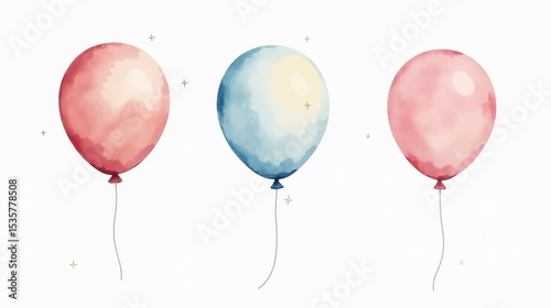 soft watercolor painting of floating balloons in dusty pink, blue, and cream tones, with gentle sparkles, airy and festive