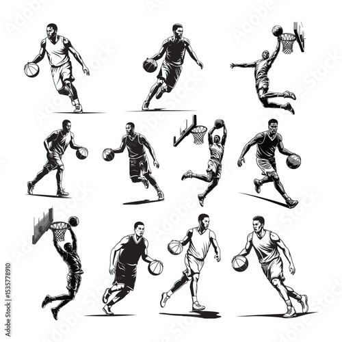 Basketball Player Action Poses Graphic Illustration Set