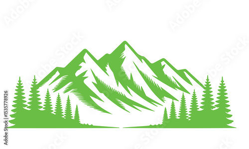 Green mountains and pine trees landscape illustration