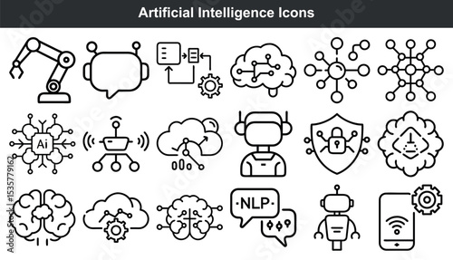 Artificial intelligence icons set machine learning technology