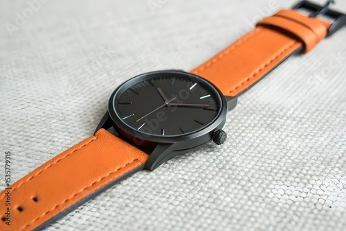 Stylish watch with leather wristlet on white background