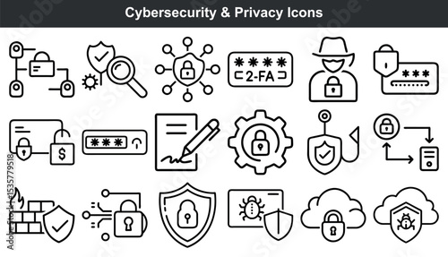 Cybersecurity privacy icons set data protection safety