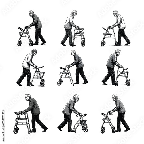 Senior Man with Rollator Walker Mobility Aid Sketch Set