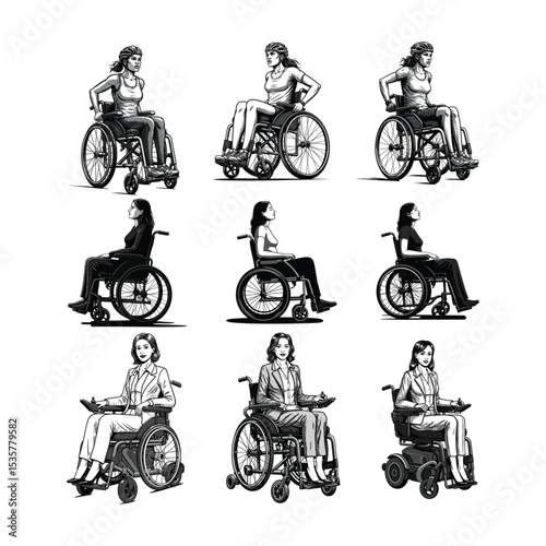 Diverse Women in Wheelchairs - Athletic and Professional Illustration Set