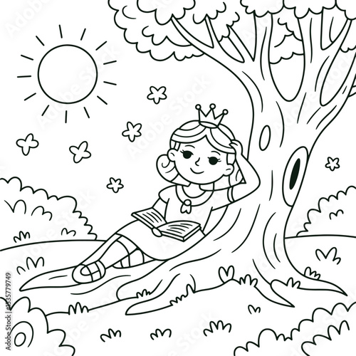 Princess Girl Reading Under Tree Coloring Page Cute Cartoon Line Art Illustration for Kids