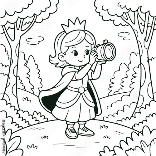 Princess Girl Taking Photos in Forest Coloring Page Cute Cartoon Line Art Illustration for Kids
