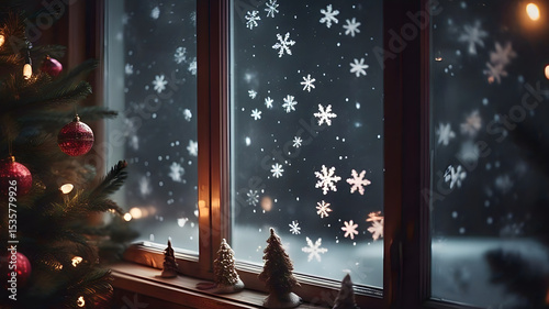 Christmas background with trees lights and snowflakes