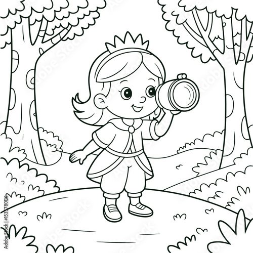 Princess Girl Taking Photos in Forest Coloring Page Cute Cartoon Line Art Illustration for Kids