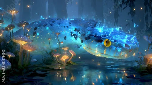 Enchanted blue snake in mystical forest with glowing mushrooms, serene and magical scene