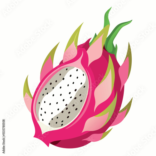 Bright and Vibrant Illustration of a Dragon Fruit with Colorful Pink and Green Leaves for Creative Design
