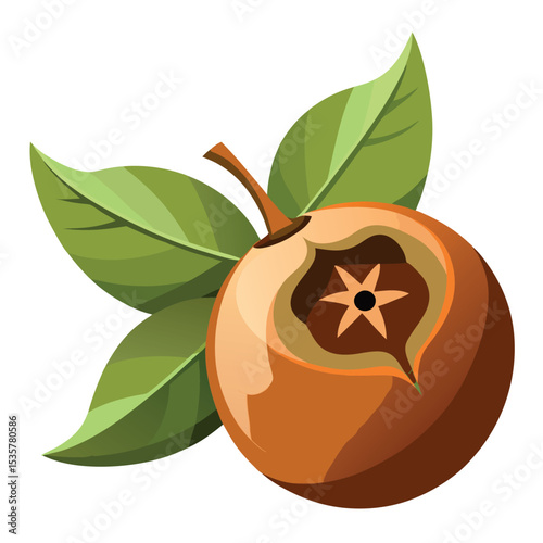 Vector illustration of a partially sliced sapodilla fruit with green leaves attached on a white background