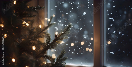 Christmas background with trees lights and snowflakes