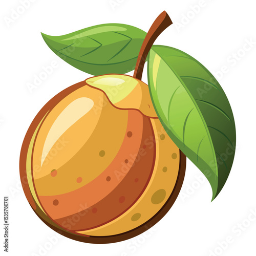 Vibrant, ripe peach with fresh green leaves on a clean white background, perfect for healthy food illustrations