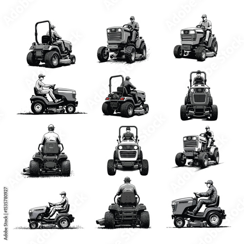 Groundskeeper on Riding Lawn Mower Technical Illustration Set