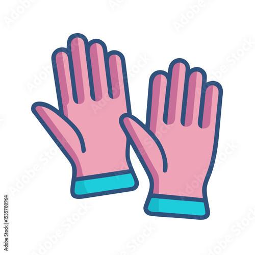 Pink rubber gloves for cleaning and gardening with turquoise wristbands colorful vector icon