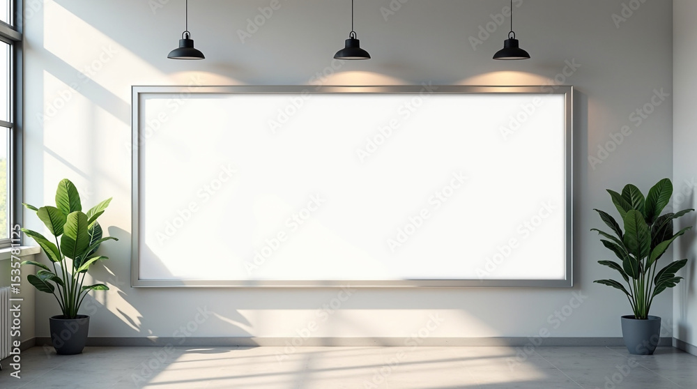 Sunlit room with a large blank frame, flanked by potted plants and illuminated by pendant lights Sunlit room with a large blank frame, flanked by potted plants and illuminated by pendant lights