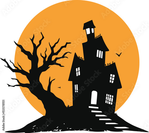 Haunted House Silhouette: A spooky black silhouette of a haunted house against a vibrant orange backdrop. This imagery embodies the essence of All Hallows' Eve.