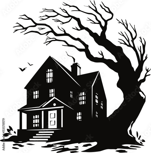 Spooky Haunted House: A chilling silhouette of a haunted house stands ominously beneath the gnarled branches of a withered tree, creating an eerie atmosphere of suspense.