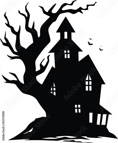 Spooky House Silhouette: A stark black silhouette of a ghoulish haunted house stands against the backdrop, evoking an eerie and mysterious atmosphere, perfect for Halloween projects.