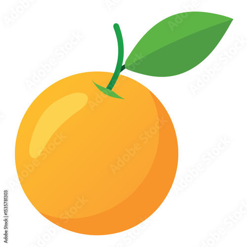 Bright and Vibrant Illustration of a Juicy Orange Fruit with a Green Leaf Against a White Background