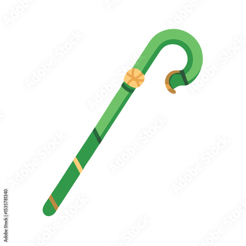 Stylized Cartoon Green Walking Cane with Golden Accents, Curled Top and Band colorful vector icon