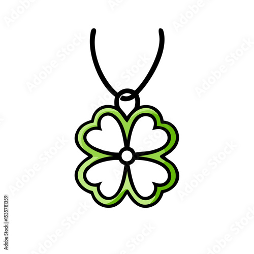 Four leaf clover pendant necklace with black string and green outline colorful vector icon