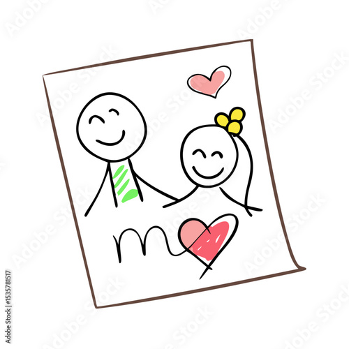 Child's drawing of a happy couple with hearts conveying love and togetherness colorful vector icon